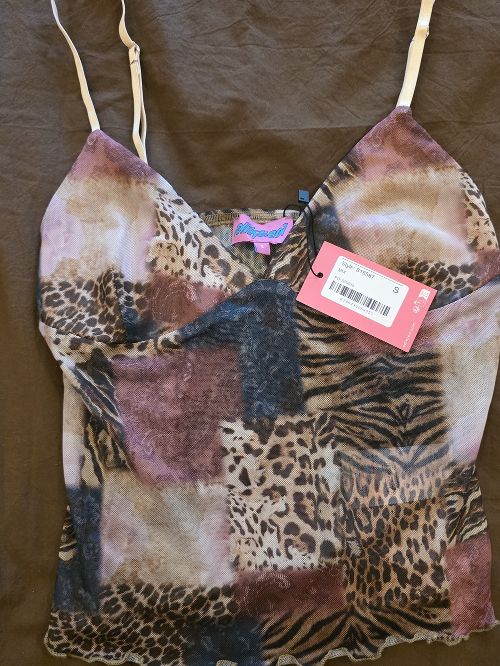 Edikted Patchwork Animal Print Mesh Camisole in Brown, Black, Pink